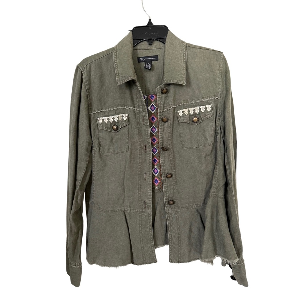 Linen Boho Olive Jacket with embroidered pattern